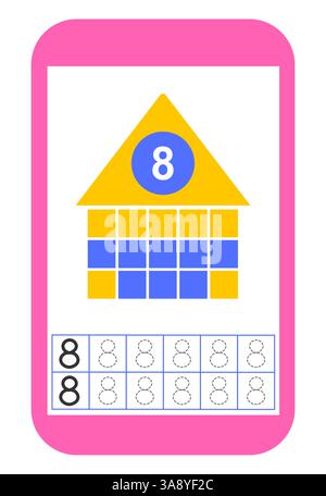 Lehrmaterial für Kinder. Aktivität des Arbeitsblatts im Vorschulalter. Arbeitsblatt für Schulungsnummern. Nummer 8. Stock Vektor