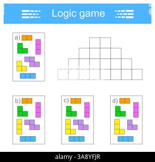 Logikspiel für Kinder. IQ-Trainingstest. Sie müssen den richtigen Satz geometrischer Formen finden. Druckbares Arbeitsblatt. Die Antwort lautet C. Stock Vektor