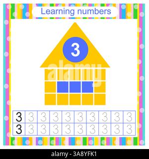 Lehrtabelle für Vorschulkinder. Handschriftenpraxis. Nummer 3. Stock Vektor