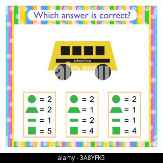 Mathematische Aktivität für Kinder. Finden Sie die richtige Antwort. Comic Schulbus. Aktivität des Arbeitsblatts im Vorschulalter. Vektorabbildung. Stock Vektor