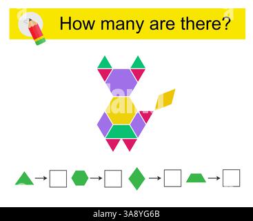 Mathematische Aktivität für Kinder. Wie viele geometrische Formen? Zeichentricktier. Vektorabbildung. Stock Vektor