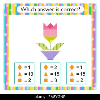 Mathematische Aktivität für Kinder. Finden Sie die richtige Antwort. Cartoon Blume Rose. Vektorabbildung. Stock Vektor