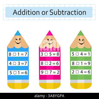 Mathematische Aktivität für Kinder. Entwicklung von Rechenkenntnissen. Zahlenbereich bis 10. Vektorabbildung. Stock Vektor