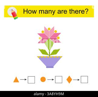 Mathematische Aktivität für Kinder. Wie viele geometrische Formen? Pinkfarbene Zeichentrickblume. Vektorabbildung Stock Vektor
