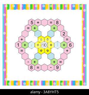 Mathe-Spiel für Kinder im Vorschul- und Schulalter. Lehrmaterial für Kinder. Addition, Subtraktion. Arbeitsblatt. Vektorabbildung. Stock Vektor