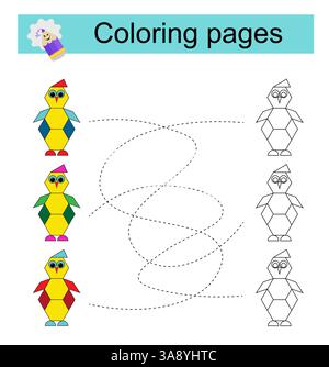 Lernspiel für Kinder. Geh durch das Labyrinth und färbe einen Pinguin nach dem Muster. Vektorabbildung. Stock Vektor