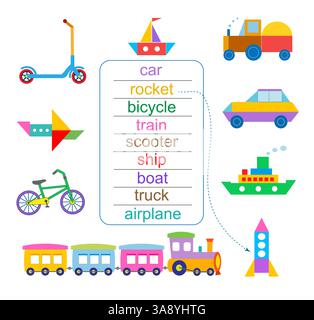 Aktivität für Vorschulkinder. Vokabular für Transport und Fahrzeuge. Vektorabbildung. Flaches Design. Stock Vektor