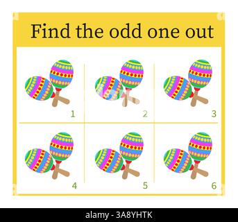 Spiel für Kinder. Aufgabe zur Entwicklung von Aufmerksamkeit und Logik. Untergeordnete Aktivität". Vektorillustration von Maracas. Stock Vektor