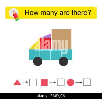 Mathematische Aktivität für Kinder. Wie viele geometrische Formen? Cartoon Truck. Vektorabbildung. Stock Vektor