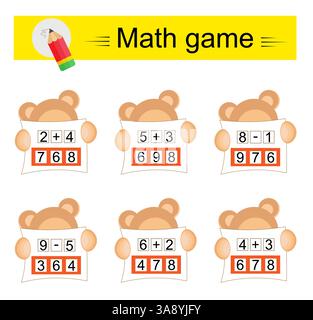 Mathematische Aktivität für Kinder. Entwicklung von Rechenkenntnissen. Zahlenbereich bis 10. Vektorabbildung. Stock Vektor