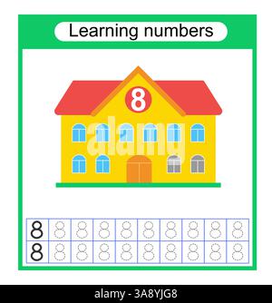 Aktivität des Arbeitsblatts im Vorschulalter. Zeichnen gestrichelter Linien. Zahlen-Arbeitsblätter für Kinder, um das Schreiben der Zahlen zu üben. Nummer 8. Vektorabbildung. Stock Vektor