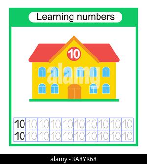 Aktivität des Arbeitsblatts im Vorschulalter. Zeichnen gestrichelter Linien. Zahlen-Arbeitsblätter für Kinder, um das Schreiben der Zahlen zu üben. Nummer 10. Vektorabbildung. Stock Vektor