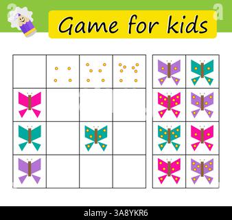 Puzzle-Aufgabe, Spiel für Vorschulkinder. Entwicklung von Rechenkenntnissen. Cartoon Schmetterling. Vektorabbildung. Stock Vektor