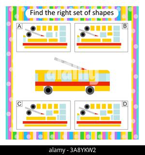 Logikpuzzle für Kinder. Suchen Sie den richtigen Transportsatz. Aktivität des Arbeitsblatts im Vorschulalter. Vektorabbildung. Die Antwort lautet D. Stock Vektor