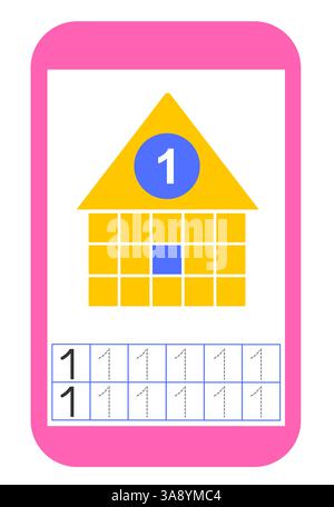 Lehrmaterial für Kinder. Aktivität des Arbeitsblatts im Vorschulalter. Arbeitsblatt für Schulungsnummern. Nummer 1 Stock Vektor