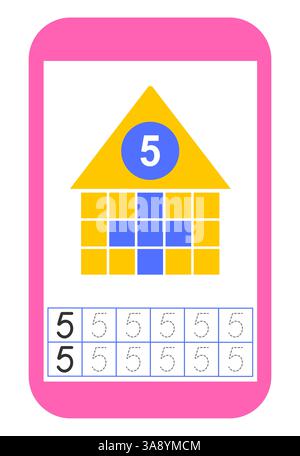 Lehrmaterial für Kinder. Aktivität des Arbeitsblatts im Vorschulalter. Arbeitsblatt für Schulungsnummern. Nummer 5. Stock Vektor