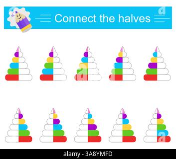 Logikpuzzle. Lehrmaterial für Kinder. Finde die Pyramidenhälften. Vektorabbildung. Stock Vektor