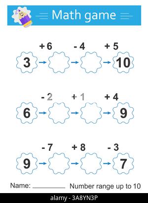 Mathe-Spiel für Kinder. Aktivität des Arbeitsblatts im Vorschulalter. Zahlenbereich bis 10. Druckbares Arbeitsblatt. Stock Vektor