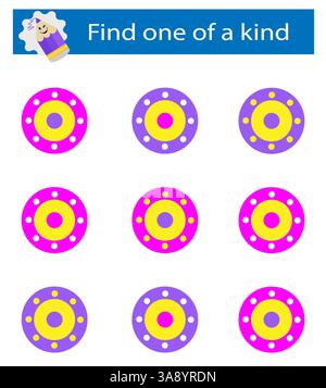 Puzzlespiel für Kinder. Aufgabe zur Entwicklung von Aufmerksamkeit und Logik. Ich muss einen Kreis finden. Vektorabbildung. Stock Vektor