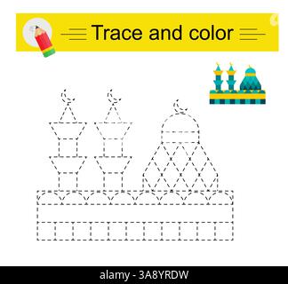 Verlauf und Farbe für untergeordnete Elemente. Vorschularbeitsblatt zum Üben der Feinmotorik. Karikaturmoschee. Flaches Design. Stock Vektor