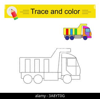 Verlauf und Farbe für untergeordnete Elemente. Vorschularbeitsblatt zum Üben der Feinmotorik. Cartoon-Kipper. Flaches Design. Stock Vektor