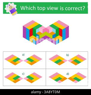 Ein Spiel für Kinder. Aufgabe zur Entwicklung von Aufmerksamkeit und Logik. Welche obere vıew ist korrekt? Vektorabbildung. Die Antwort lautet C. Stock Vektor