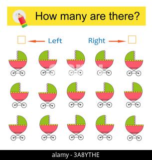 Mathematische Aktivität für Kinder. Entwicklung von Rechenkenntnissen. Zeichentrickwagen. Vektorabbildung. Stock Vektor