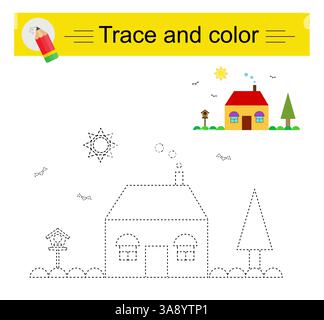 Verlauf und Farbe für untergeordnete Elemente. Vorschularbeitsblatt zum Üben der Feinmotorik. Cartoon-Haus, Bäume. Flaches Design. Stock Vektor