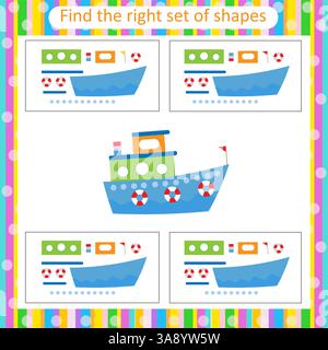 Logisches Lernspiel für Kinder. Sie müssen den richtigen Satz von Formen finden. Lehrmaterial für Kinder. Aktivität des Arbeitsblatts im Vorschulalter. Stock Vektor