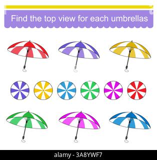 Logikspiel für Kinder. Suchen Sie die Draufsicht für jeden Schirm. Vektorabbildung. Stock Vektor