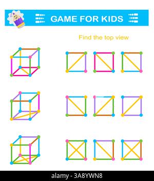 Logisches Puzzlespiel. Die richtige Draufsicht muss gefunden werden. Aufmerksamkeitsaufgaben. IQ-Test Stock Vektor