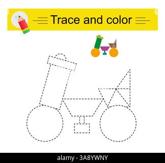Verlauf und Farbe für untergeordnete Elemente. Vorschularbeitsblatt zum Üben der Feinmotorik. Cartoon-Motorrad. Flaches Design. Stock Vektor