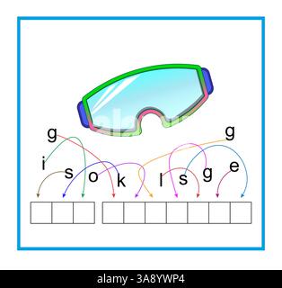 Puzzlespiel für Kinder. Cartoon Ski Brille Vektor. Lesen Sie das Wort. Vektor-Illustration für Kinder Bildung. Flaches Design. Stock Vektor