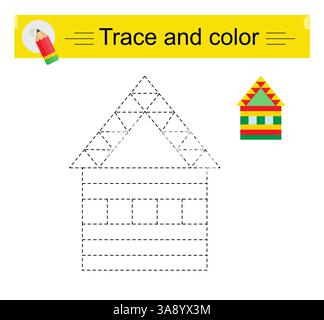 Verlauf und Farbe für untergeordnete Elemente. Vorschularbeitsblatt zum Üben der Feinmotorik. Cartoon House. Flaches Design. Stock Vektor