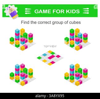Suchen Sie die richtige Gruppe von geometrischen Formen. Aufmerksamkeitsaufgaben für Kinder. Druckbares Arbeitsblatt. Vektorabbildung. Stock Vektor
