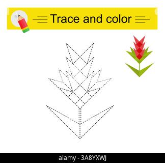 Verlauf und Farbe für untergeordnete Elemente. Vorschularbeitsblatt zum Üben der Feinmotorik. Rote Blume in Zeichentrick. Flaches Design. Stock Vektor