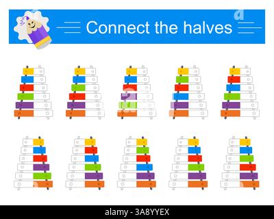 Logıc Puzzle. Lehrmaterial für Kinder. Fınd die Hälften von Xylofonen. Vektorabbildung. Stock Vektor