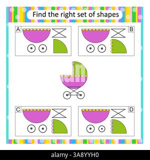 Puzzle für Kinder. Aufmerksamkeitsaufgabe. Suchen Sie den richtigen Kinderwagen. Vektorabbildung. Die Antwort lautet C. Stock Vektor