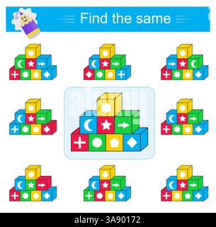 Puzzlespiel. Unterhaltsames Lernmaterial für Kinder. Es muss dieselbe Gruppe von Cubes gefunden werden. Vektorabbildung. Stock Vektor