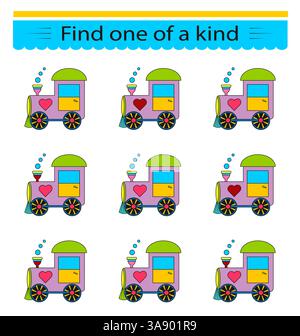 Aufgabe zur Entwicklung von Aufmerksamkeit und Logik. Ich muss einen Zug finden. Aktivitätsseite für Kinder. Stock Vektor