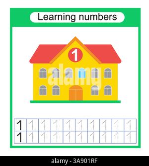 Lehrmaterial für Kinder. Aktivität des Arbeitsblatts im Vorschulalter. Zeichnen gestrichelter Linien. Zahlen-Arbeitsblätter für Kinder, um das Schreiben der Zahlen zu üben. Nummer Stock Vektor