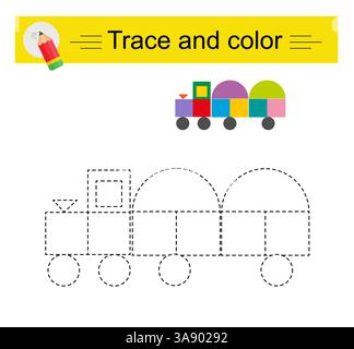 Verlauf und Farbe für untergeordnete Elemente. Vorschularbeitsblatt zum Üben der Feinmotorik. Cartoon-Lokomotive. Flaches Design. Stock Vektor