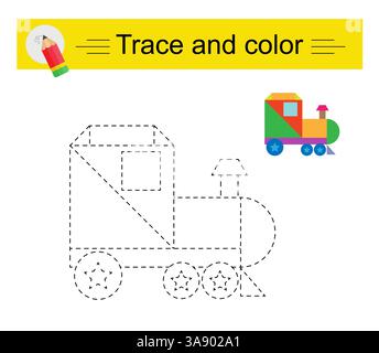 Verlauf und Farbe für untergeordnete Elemente. Vorschularbeitsblatt zum Üben der Feinmotorik. Cartoon-Lokomotive. Flaches Design. Stock Vektor