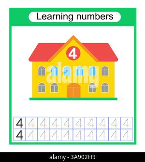 Aktivität des Arbeitsblatts im Vorschulalter. Zeichnen gestrichelter Linien. Zahlen-Arbeitsblätter für Kinder, um das Schreiben der Zahlen zu üben. Nummer 4. Vektorabbildung. Stock Vektor