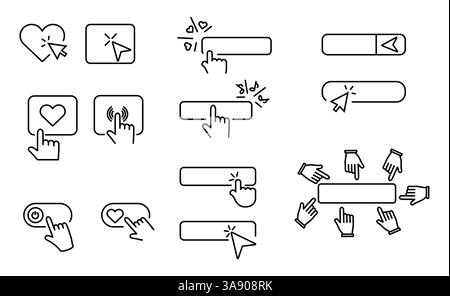 Klicken auf Symbole. Schaltflächen „gefällt mir“. Klicken Sie auf die Symbolgruppe Hände. Klicken Sie auf Pfeilsymbole. Sammlung Cursors Signs. Folgen Sie uns. Schaltfläche "Abonnieren". Stock Vektor