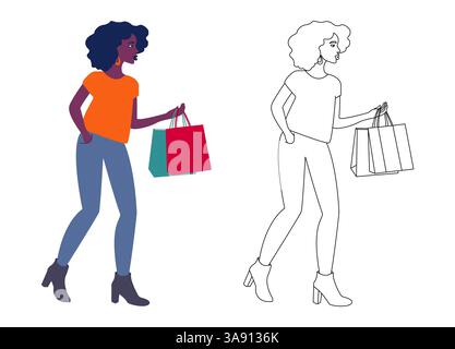 Ein Mädchen mit Einkaufstaschen. Eine Afrikanerin beim Einkaufen. Eine Illustration einer stilvollen Frau mit Einkaufstaschen. Eine Afrikanerin in stilvollem Outfit Stock Vektor