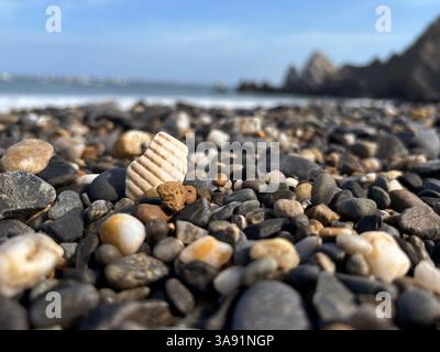 Nahaufnahme der farbenfrohen Kieselsteine und Muscheln an einem pulsierenden Strand mit Blick auf das Meer und die Küste Stockfoto