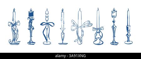 Set handgezeichneter eleganter Vintage-Kerzen mit umrissenen Bögen in blauer Farbe. Vektorillustration im pariser Stil Retro-Skizze. Vektorabbildung Stock Vektor