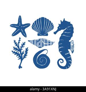 Handgezeichnete Muscheln, Korallen und Seepferdchen in blauer Farbe. Vektorabbildung Stock Vektor