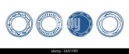 Set handgezeichneter Kritzelplatten in blauer Farbe. Grafisches Geschirr. Vektorabbildung Stock Vektor